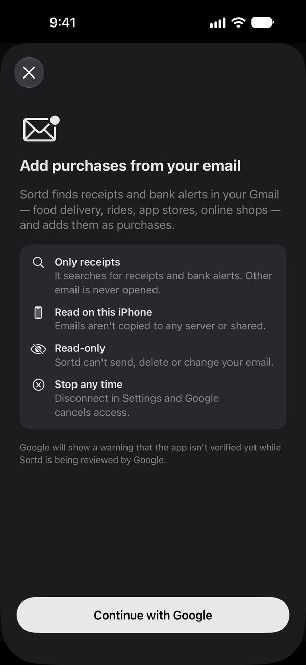 The Connect Gmail screen explaining that only receipts are read, on the iPhone, read-only