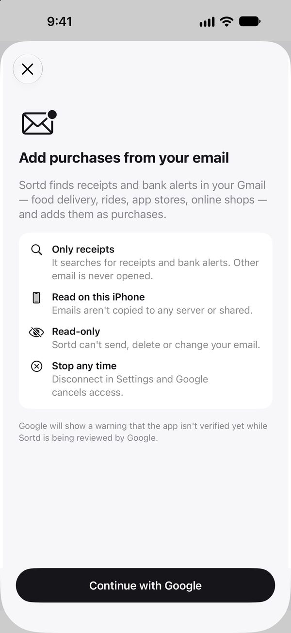 The Connect Gmail screen explaining that only receipts are read, on the iPhone, read-only