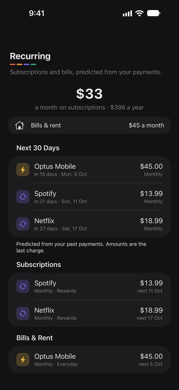 Recurring screen with monthly subscription cost and payments due in the next 30 days