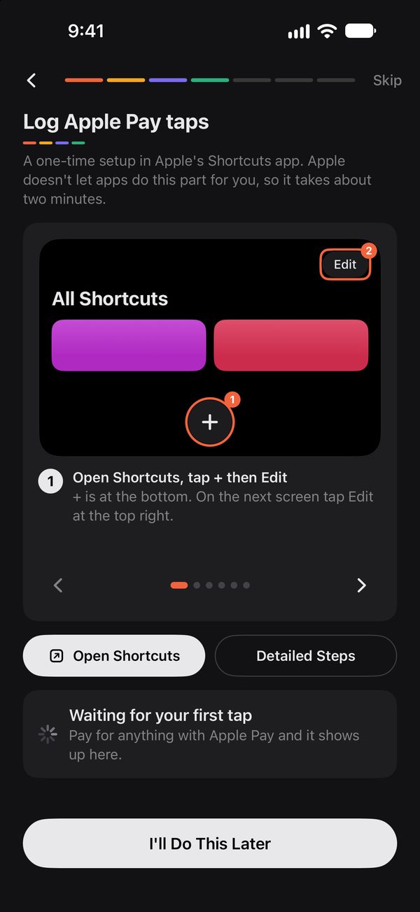 Setup screen showing the Shortcuts step to tap, circled