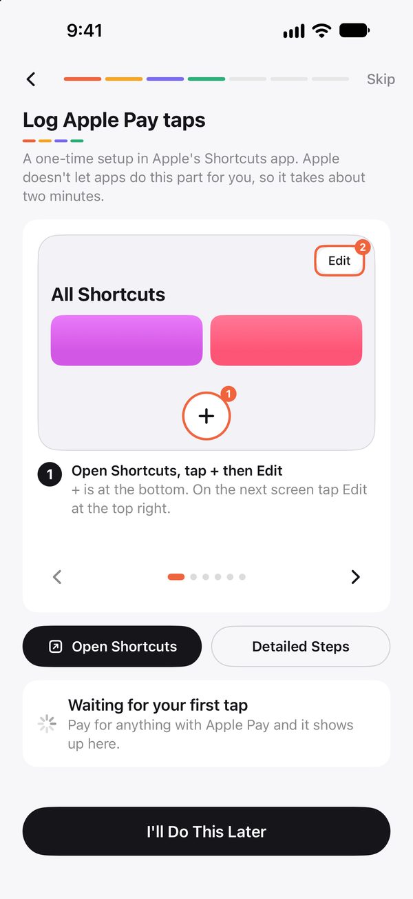 Setup screen showing the Shortcuts step to tap, circled